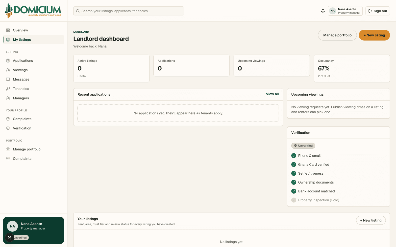 A landlord's listings with their verification tier and status on each one.